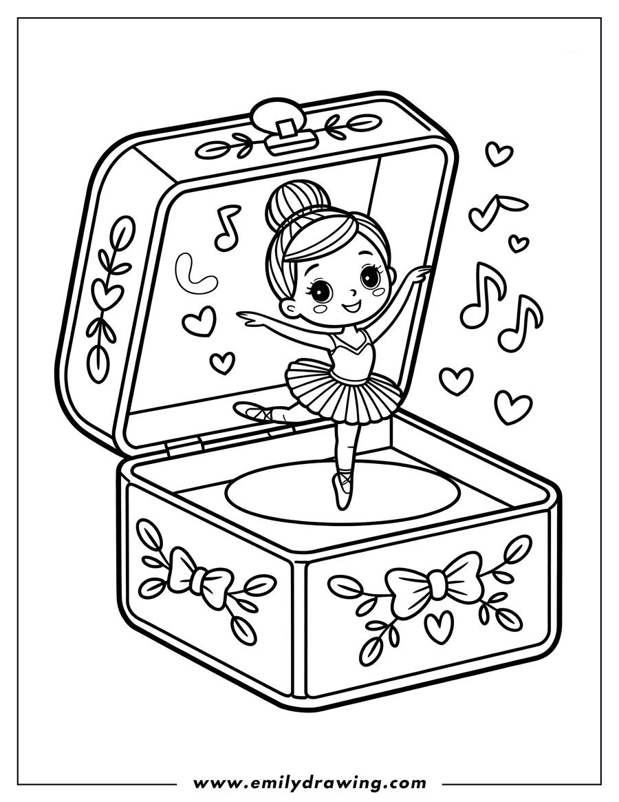 Outline of a ballerina twirling on point inside an open music box decorated with bows and leaves, surrounded by musical notes and hearts.
