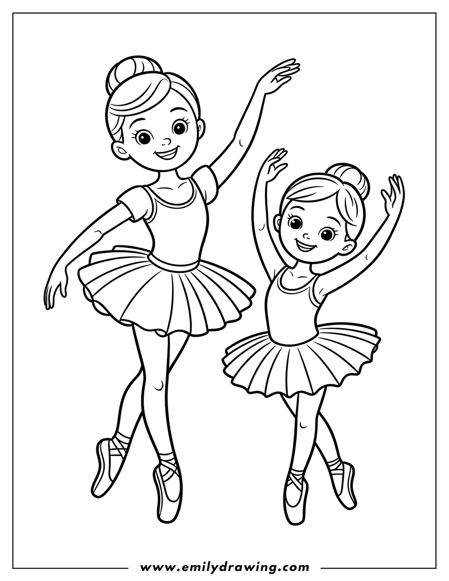 Two young ballerinas in tutus, poised mid-dance. One extends a leg forward while the other has both arms raised.
