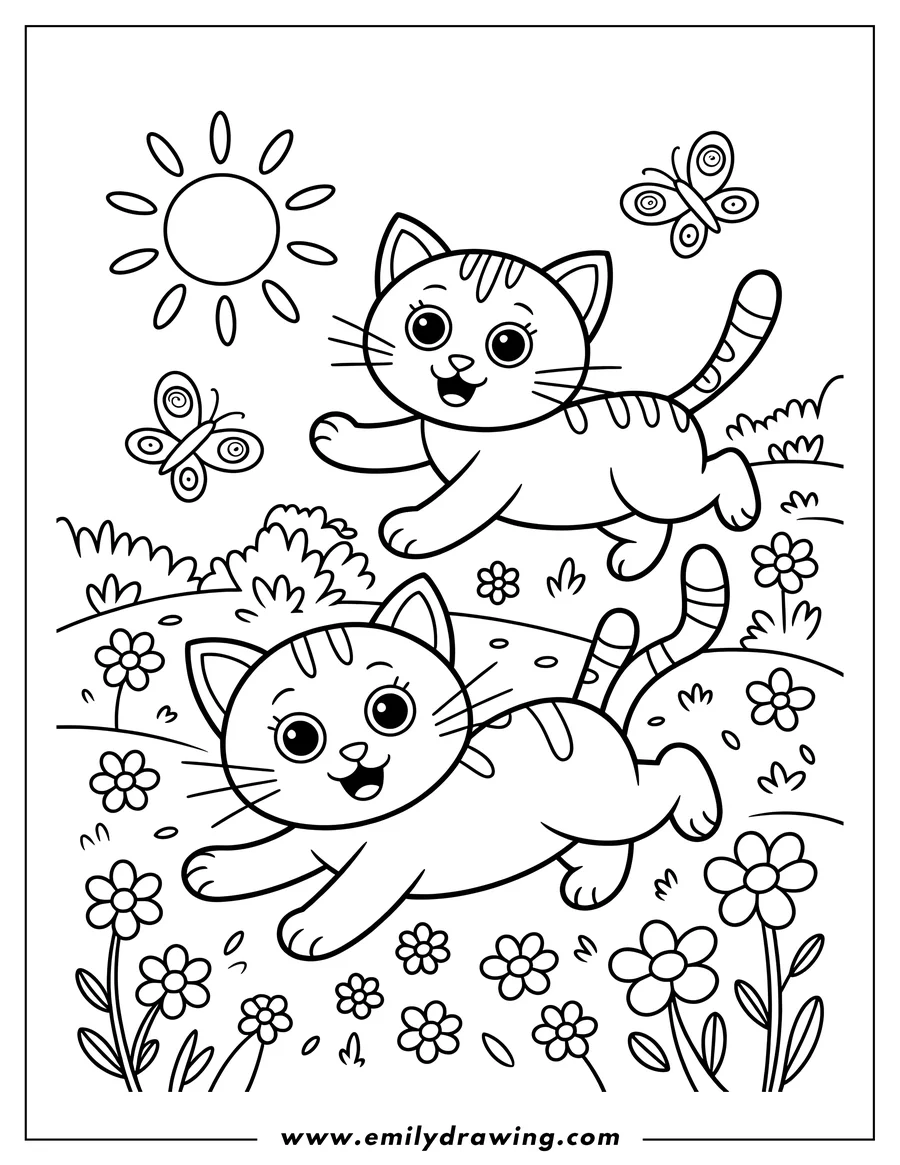 Outline of two happy, striped kittens running and jumping through a flower meadow under a bright sun, with two butterflies flying above.