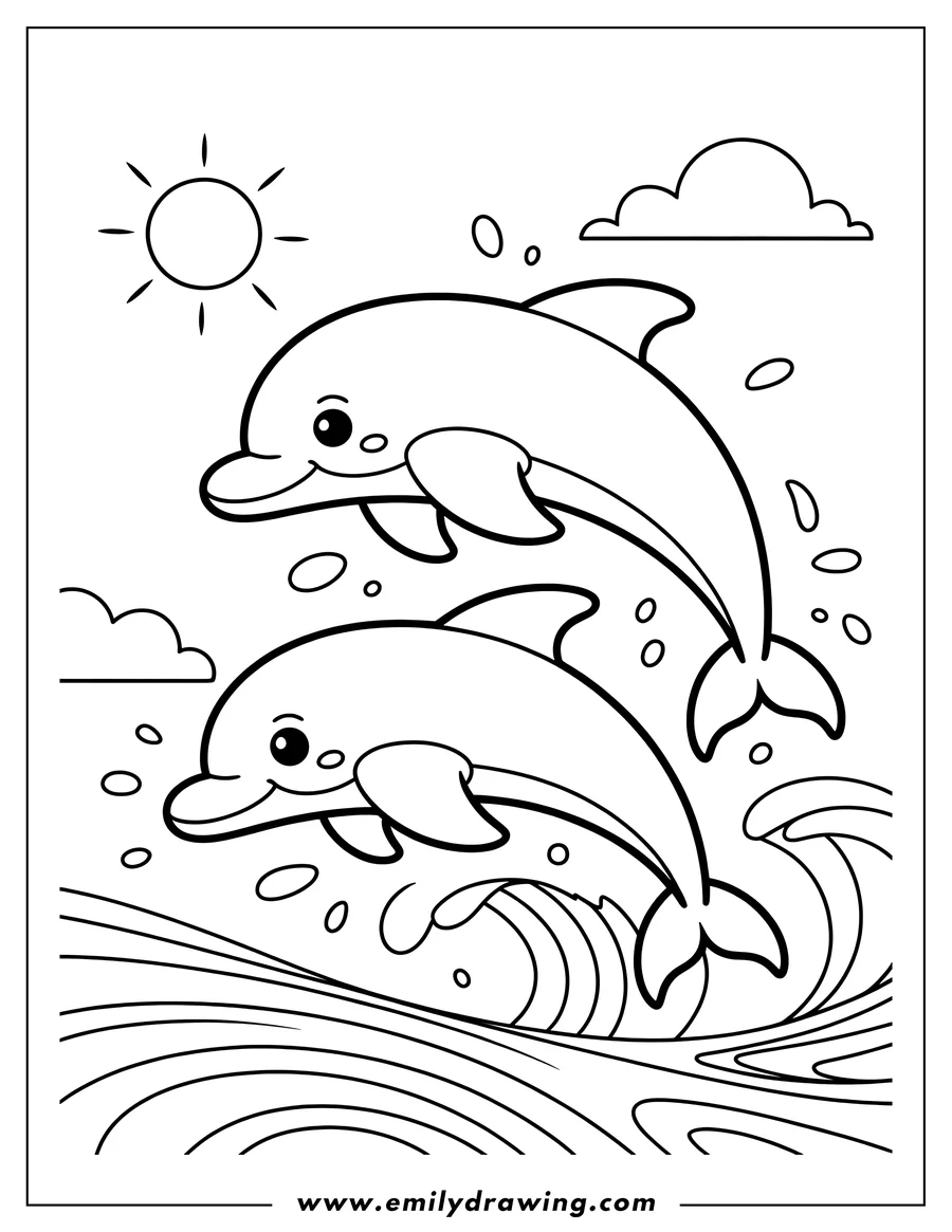 Line art featuring two cheerful dolphins leaping high above detailed ocean waves under a simplified cartoon sun and clouds.