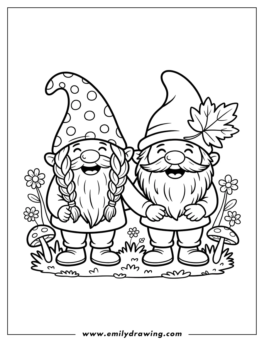 Line art showing two happy gnomes linking arms in a garden setting. One gnome wears a polka dot hat and braids, and the other has a pointy hat adorned with an autumn leaf. They are surrounded by flowers and mushrooms.