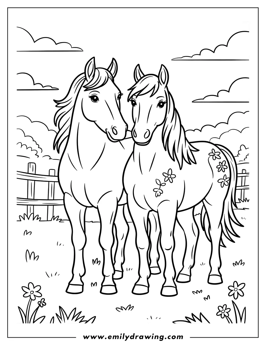 Outline of two friendly horses standing close together in a grassy field near a wooden fence. One horse is decorated with small flowers on its flank.