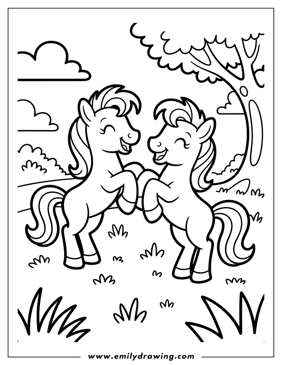 Outline of two cheerful cartoon ponies rearing slightly and playing together in a grassy outdoor scene with a large tree and clouds.