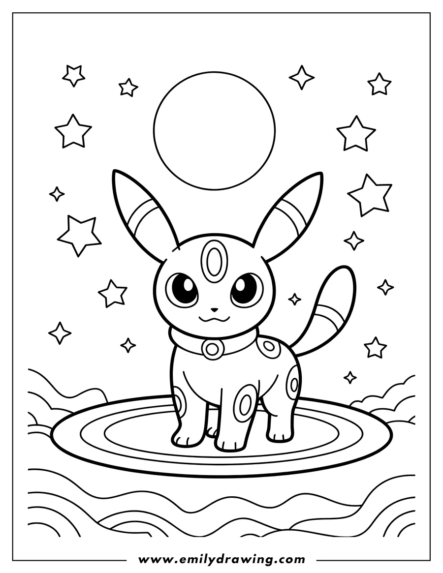Line art of Umbreon, a Pokémon, standing on a circular platform under a large moon and surrounded by stars.