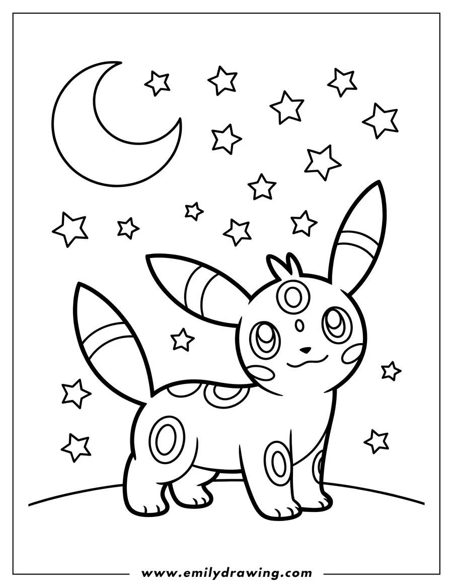 Line art of Umbreon, a Pokemon, standing outdoors under a crescent moon and many stars