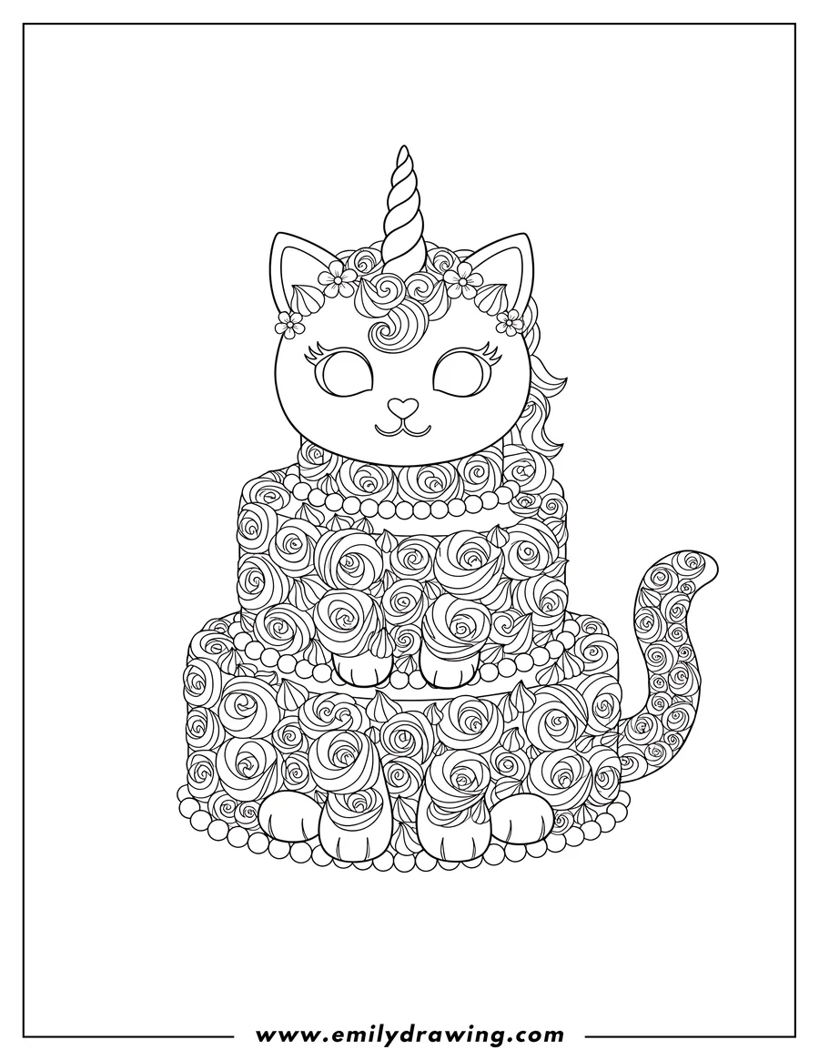 Line art of a unicorn cat with its body shaped like a two-tiered cake decorated with swirls and beads, wearing a floral crown and a horn
