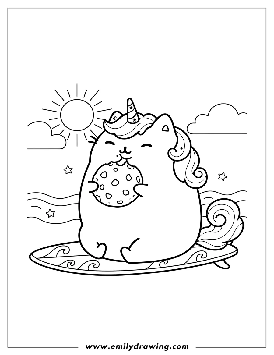 Line art of a unicorn cat sitting on a surfboard and eating a cookie, with a sun and clouds in the background.