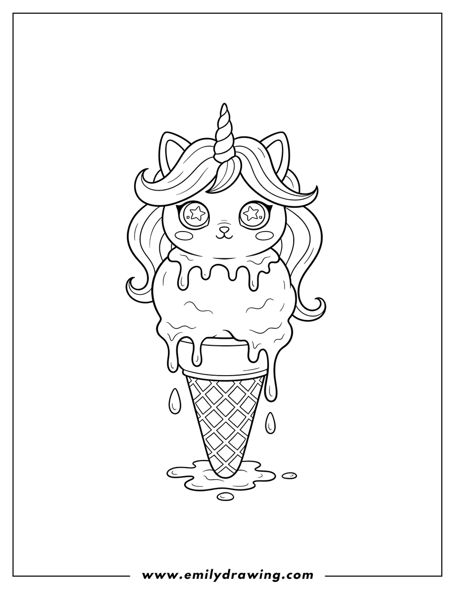 Line art of a unicorn cat with long hair and a horn, sitting atop a melting scoop of ice cream in a waffle cone