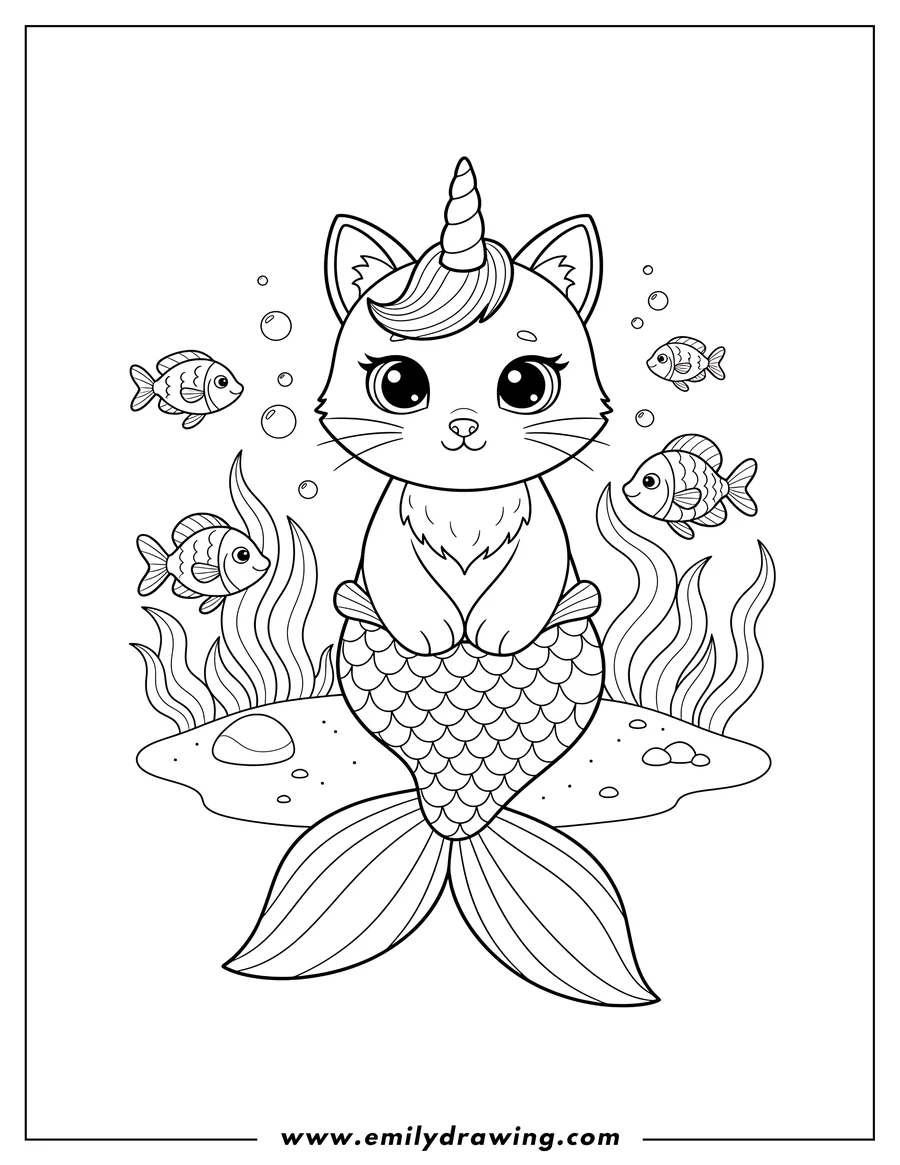 Line art of a unicorn cat with a mermaid tail sitting on the ocean floor, surrounded by fish, seaweed, and bubbles.