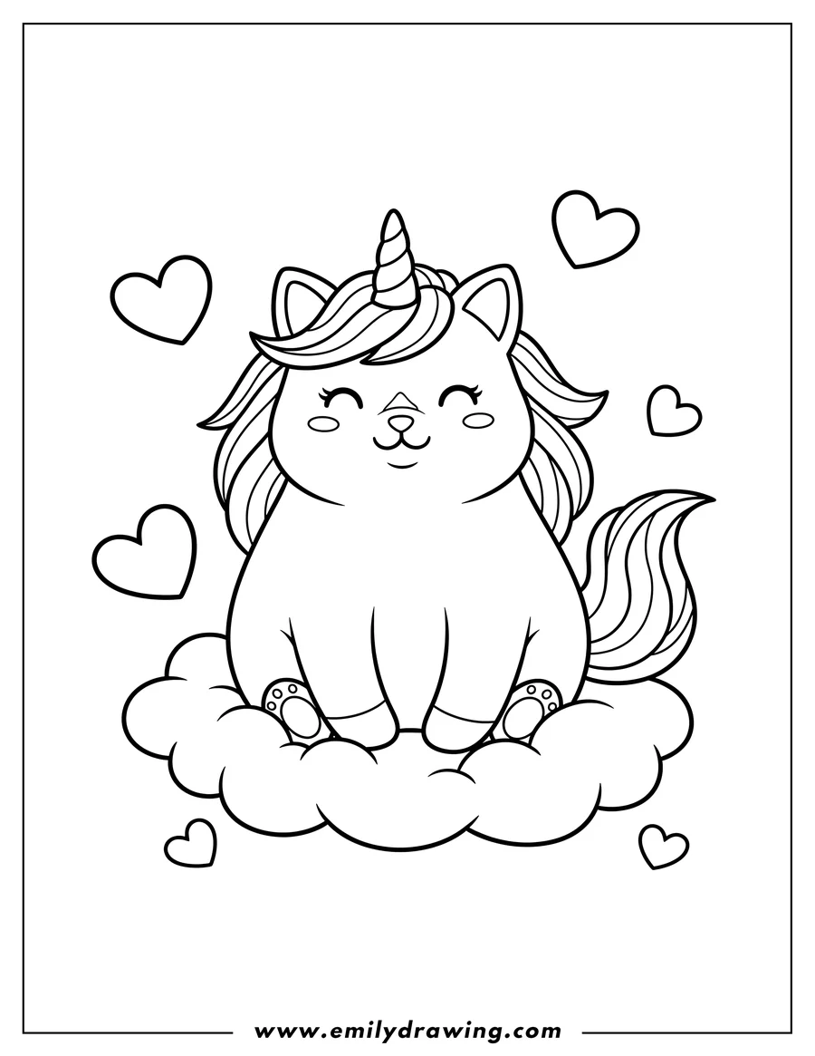 Line art of a unicorn cat sitting on a fluffy cloud, with several hearts floating around it