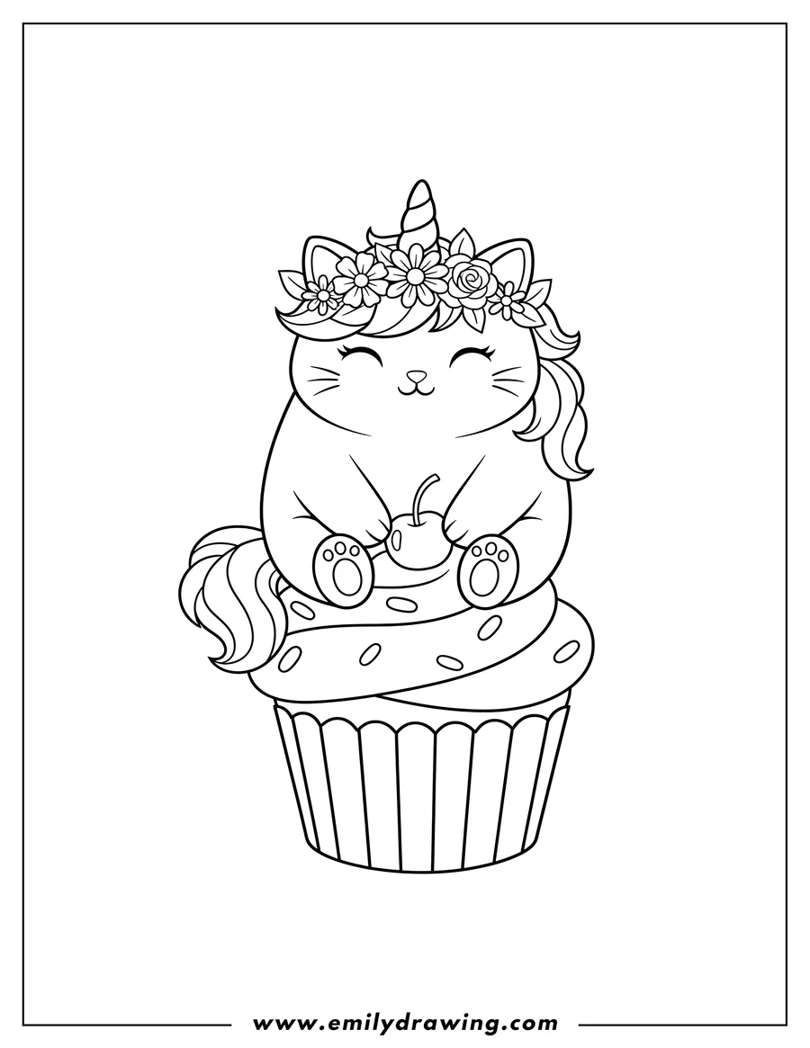 Line art of a fluffy unicorn cat with a flower crown and horn, sitting on top of a large cupcake and holding a tiny apple