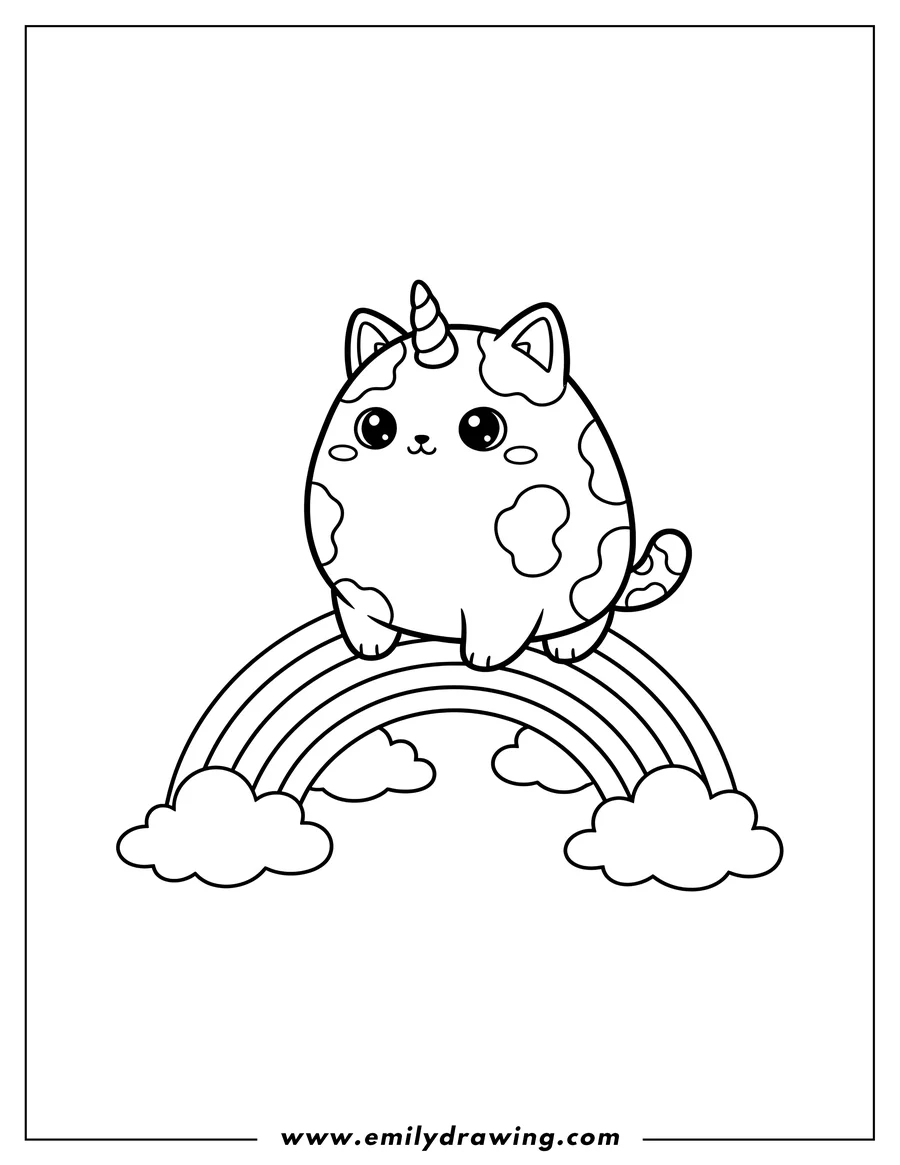 Line art of a fluffy, chubby unicorn cat with spots, sitting on top of a rainbow with clouds underneath