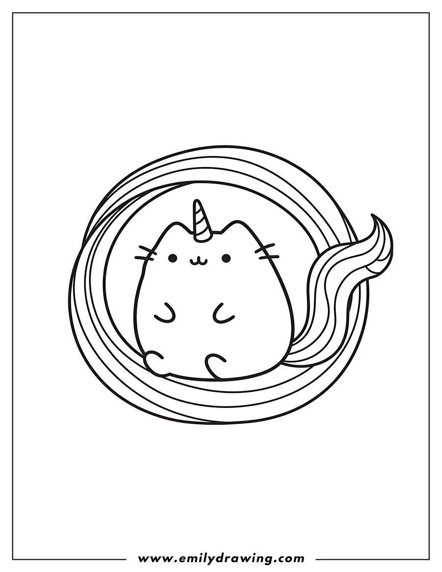 Line art of a unicorn cat with a swirly rainbow-striped tail, centered within a circular outline.