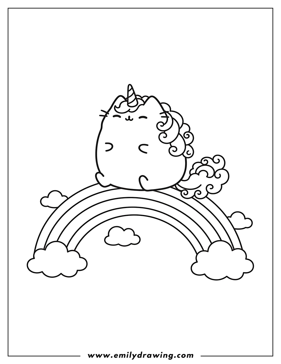 Line art of a round unicorn cat with a swirled horn and curly tail, sitting happily on a large rainbow with small clouds around it.