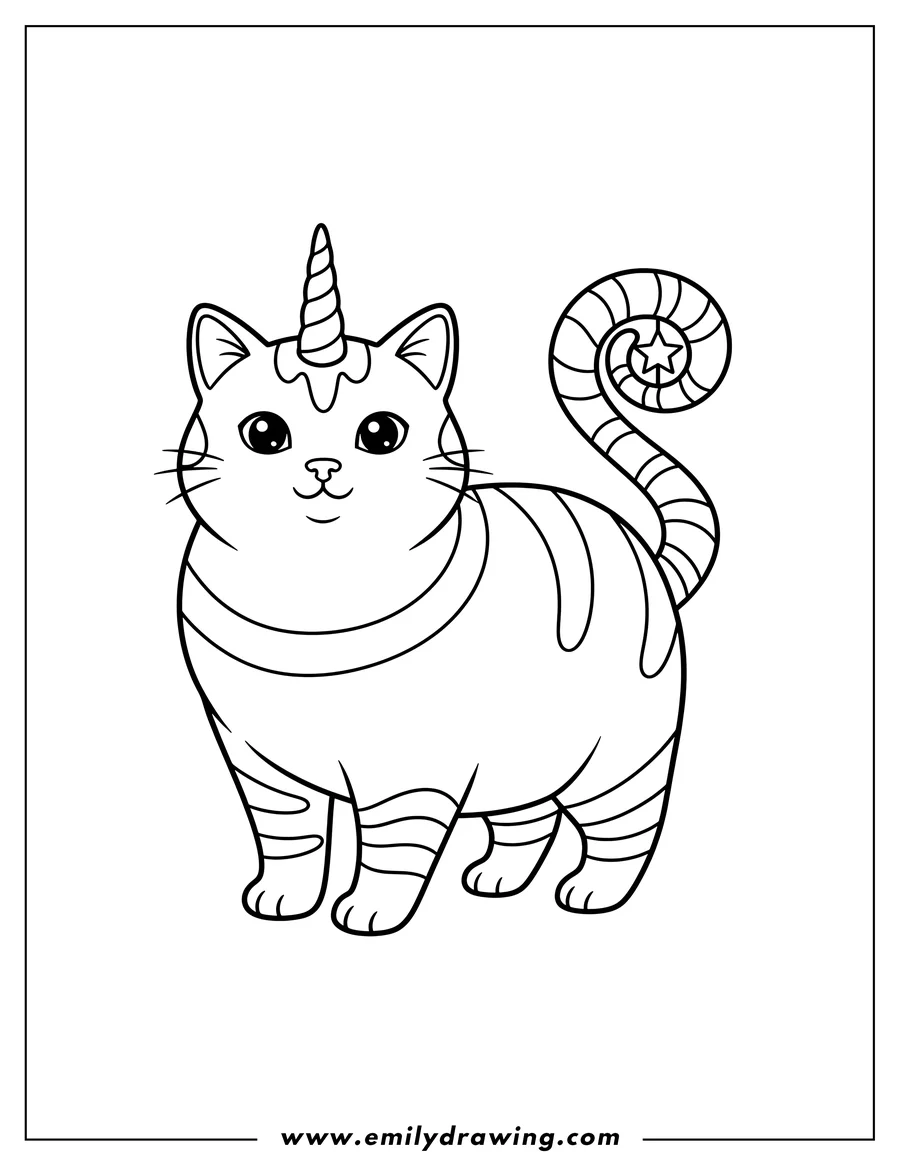 Line art of a unicorn cat with a spiraled horn and a curly tail ending in a star design.