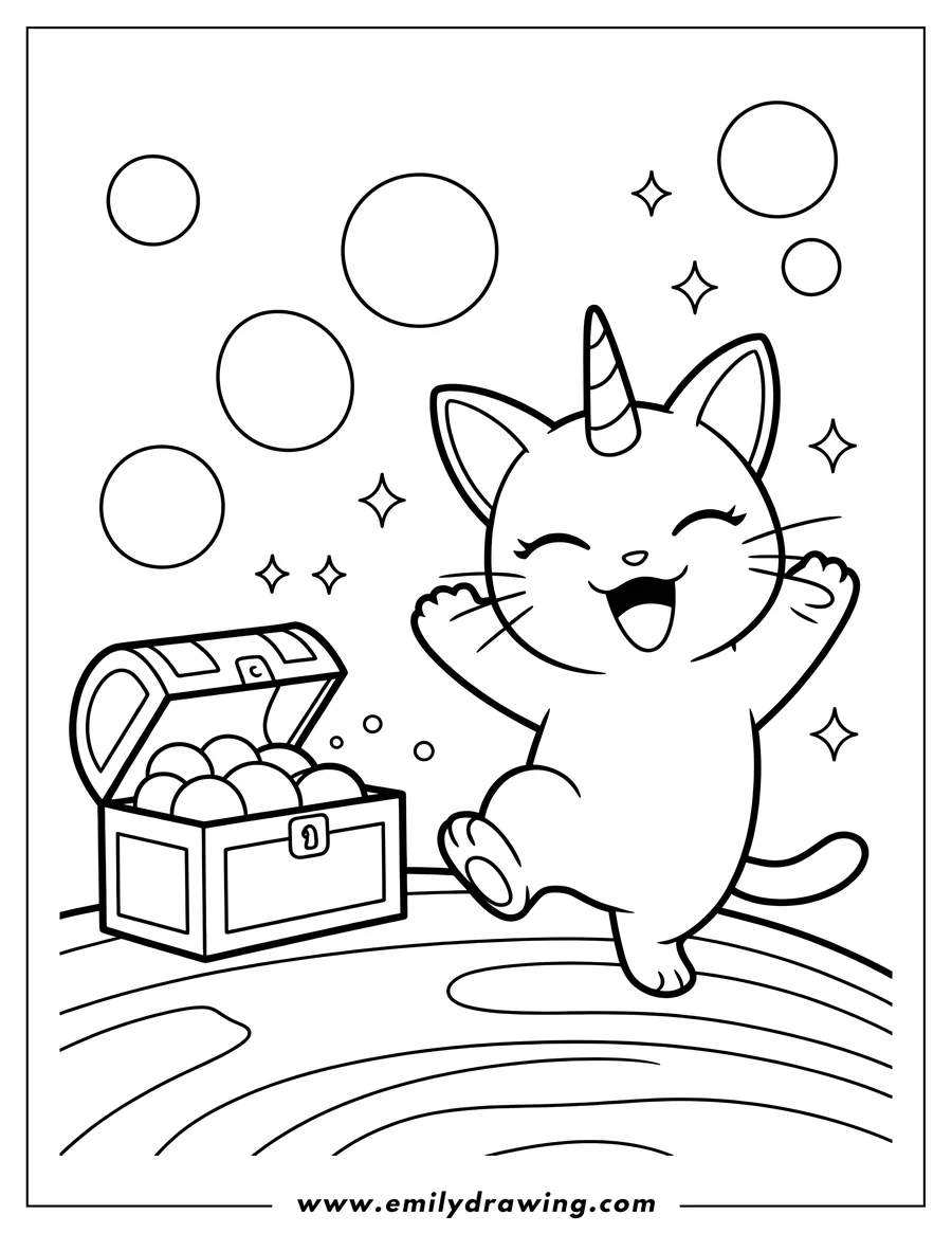 Line art of a happy unicorn cat with a small horn, dancing with paws raised near an open treasure chest filled with spherical objects, surrounded by bubbles and stars.