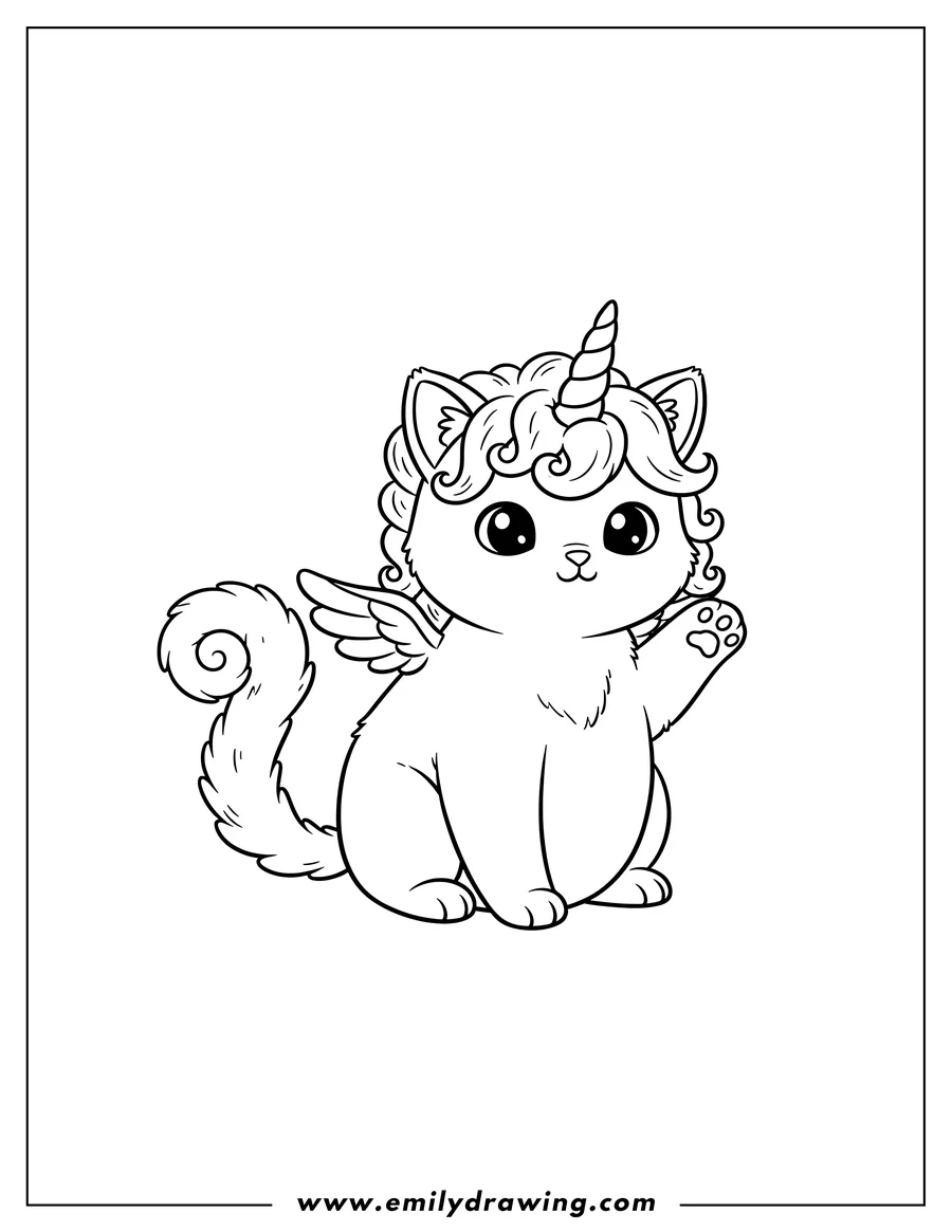 Line art of a unicorn cat with curly hair, small wings, and a horn, waving its paw