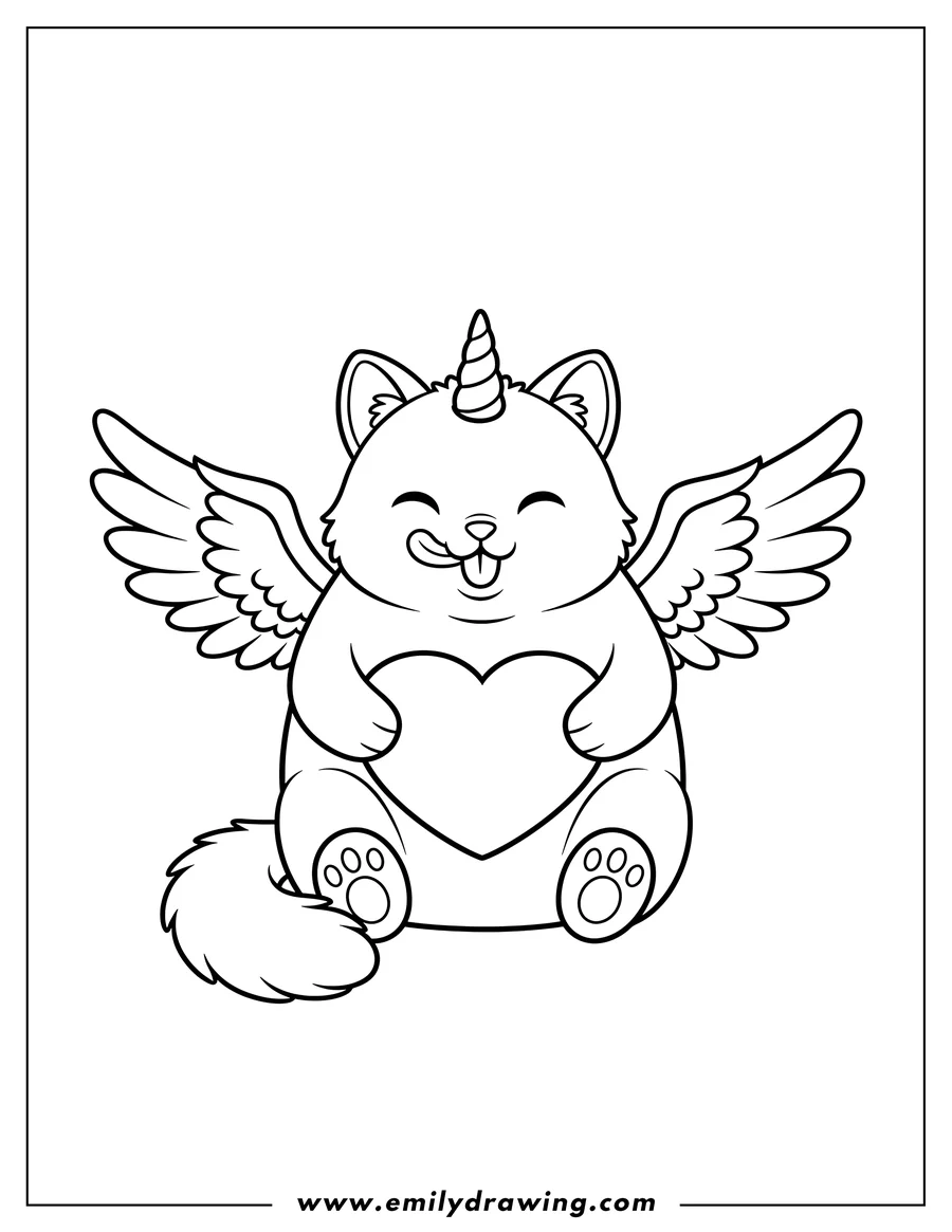 Line art of a unicorn cat with wings holding a heart. The cat has a horn on its head, fluffy wings on its back, and is sticking its tongue out happily.