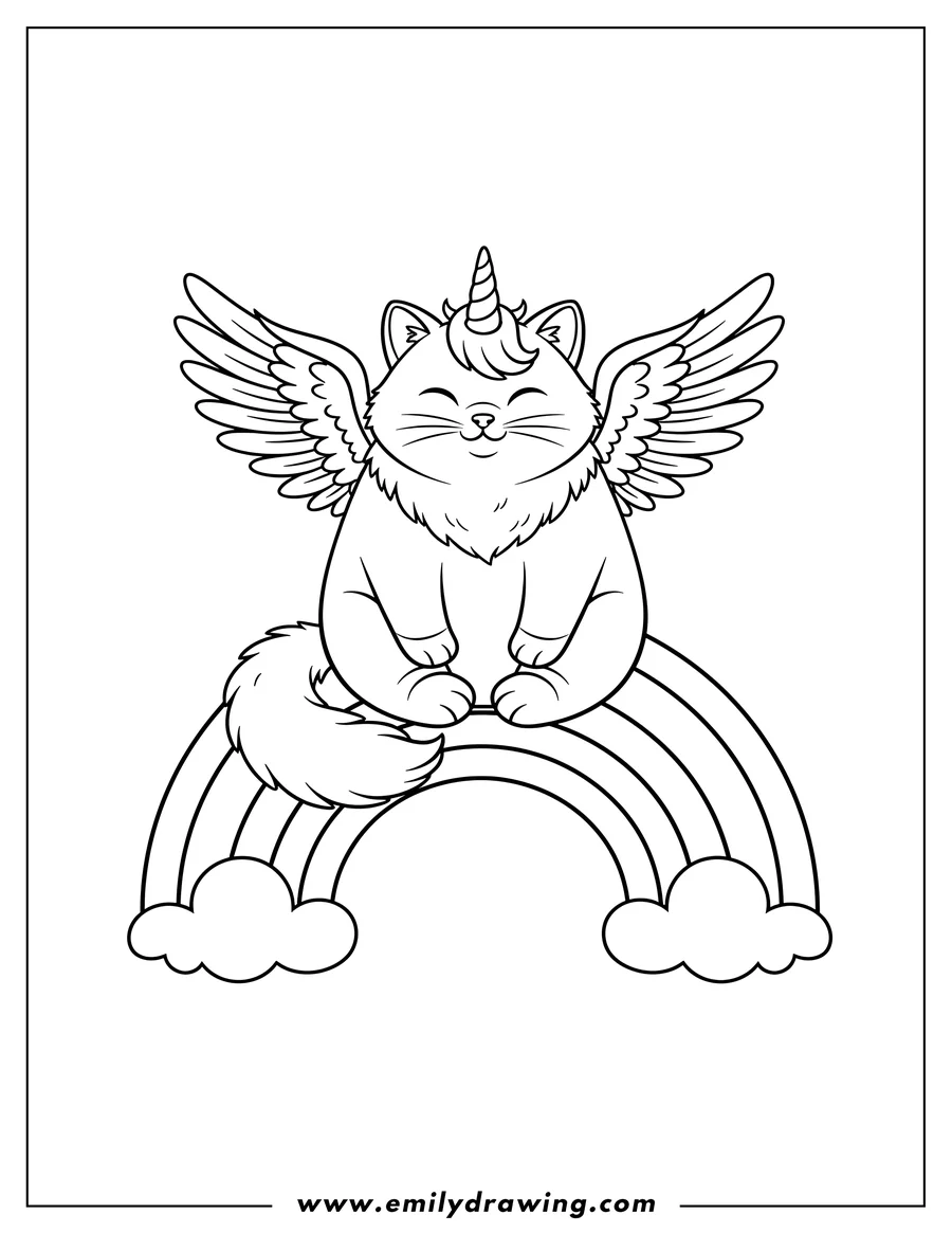 Line art of a cheerful unicorn cat with wings, sitting on a rainbow with clouds on each end.