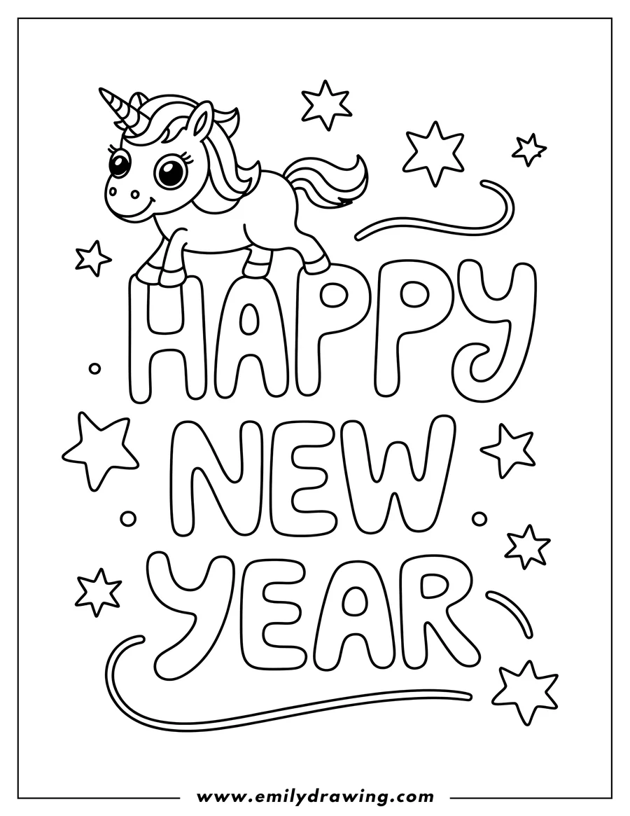 Outline of a cartoon unicorn standing on the word 'HAPPY' above the words 'NEW YEAR', surrounded by scattered stars and swirly lines.