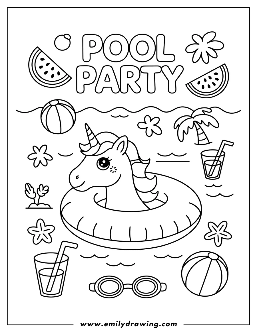 Line art of a unicorn swimming in a pool float, surrounded by beach balls, watermelon slices, drinks, and swimming goggles, with the words 'POOL PARTY' above.