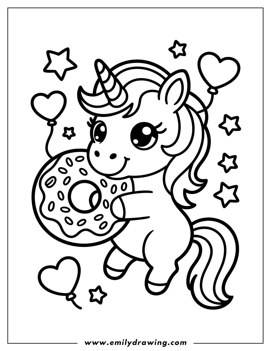 Outline of a unicorn holding a donut, surrounded by heart-shaped balloons and stars.