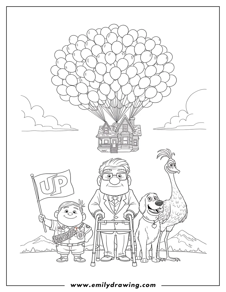 Line art of the house from Up floating with many balloons, with Carl, Russell, Dug the dog, and Kevin the bird standing below.