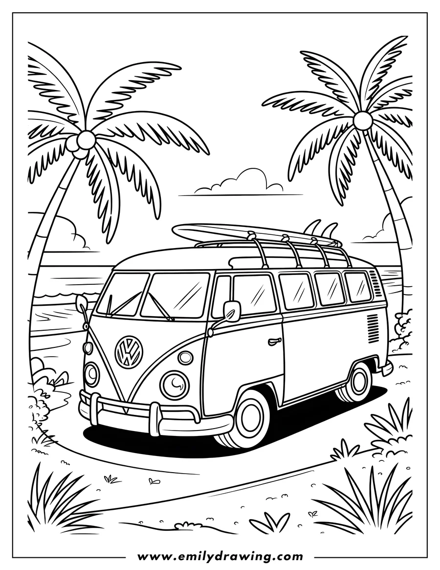Line art of a retro-style van with surfboards on its roof, parked near an ocean beach with palm trees and bushy plants