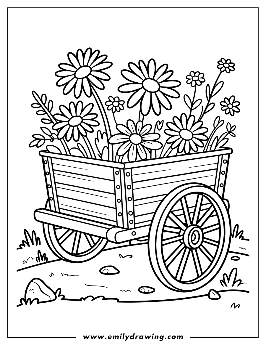 Outline of a wooden wagon filled with a variety of daisies and other flowers, sitting in a grassy field.