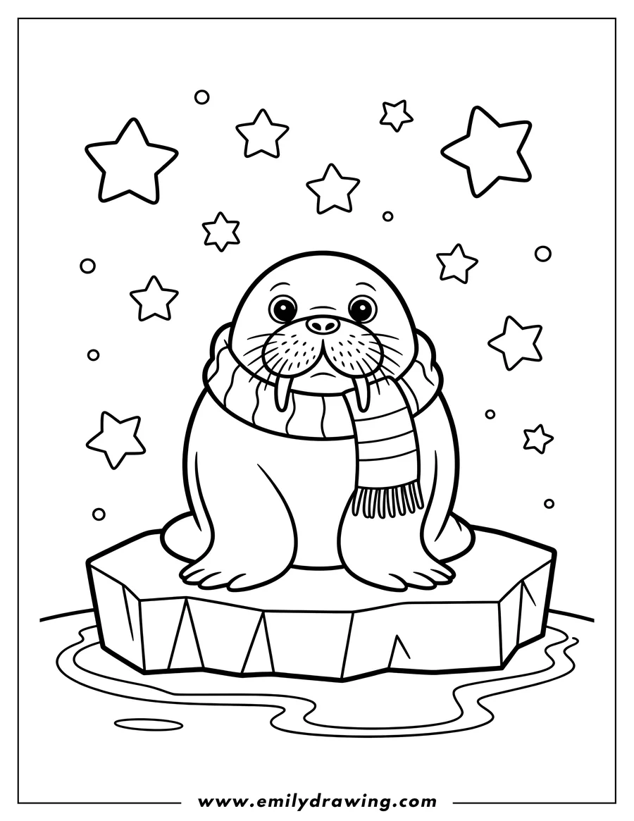Outline of a walrus wearing a striped scarf, sitting on an iceberg in water, with stars and circles floating around it.