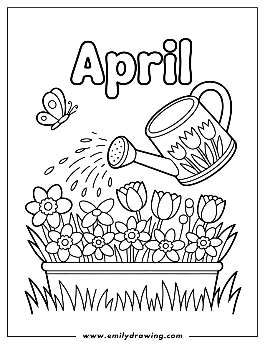 Outline of a watering can pouring water onto flowers in a plant pot, with a butterfly fluttering nearby and the word 'April' above.