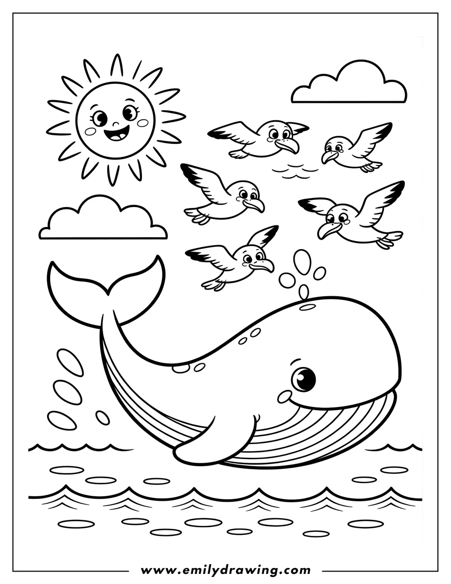 Line art of a cartoon whale swimming in the ocean with four seagulls flying beneath a smiling sun.