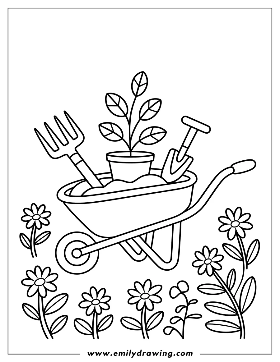 Line art of a wheelbarrow filled with a potted plant, a garden fork, and a shovel, surrounded by various simple flowers.