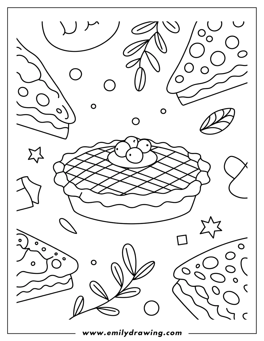 Outline of a whole pie with a lattice crust and berries, surrounded by four slices of pie and small floating leaves.