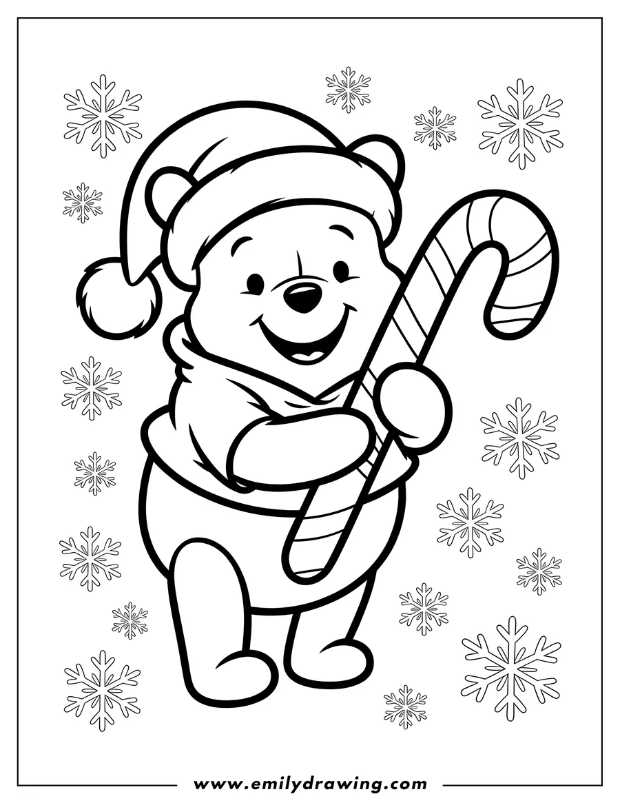 Line art of Winnie the Pooh wearing a Santa hat and holding a large candy cane, with snowflakes in the background.