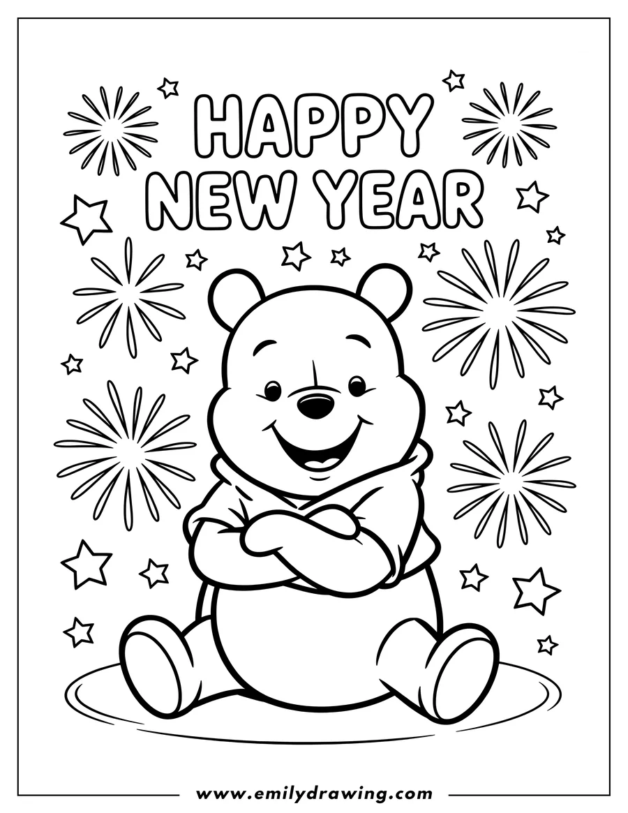Outline of Winnie the Pooh sitting with his arms crossed, smiling, with 'HAPPY NEW YEAR' text, fireworks, and stars around him.