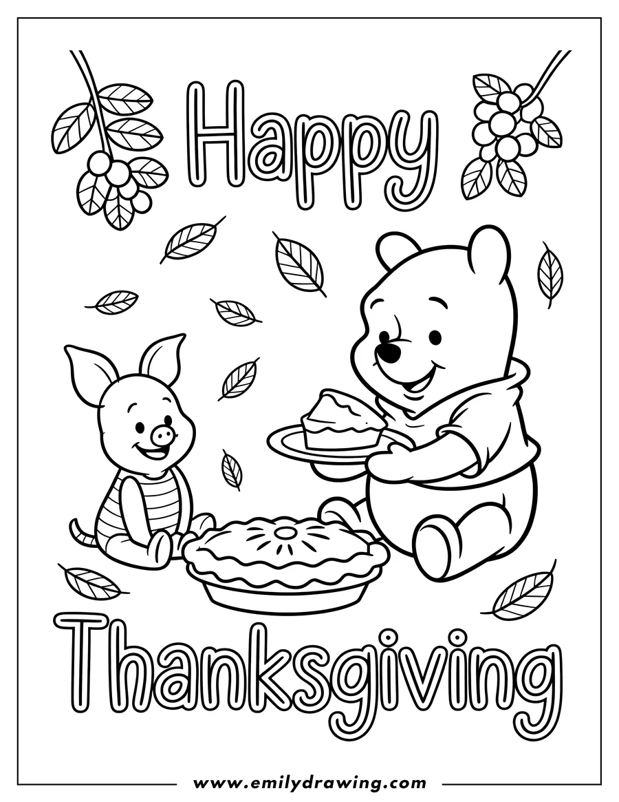 Line art of Winnie the Pooh and Piglet with Thanksgiving pies, surrounded by falling autumn leaves.