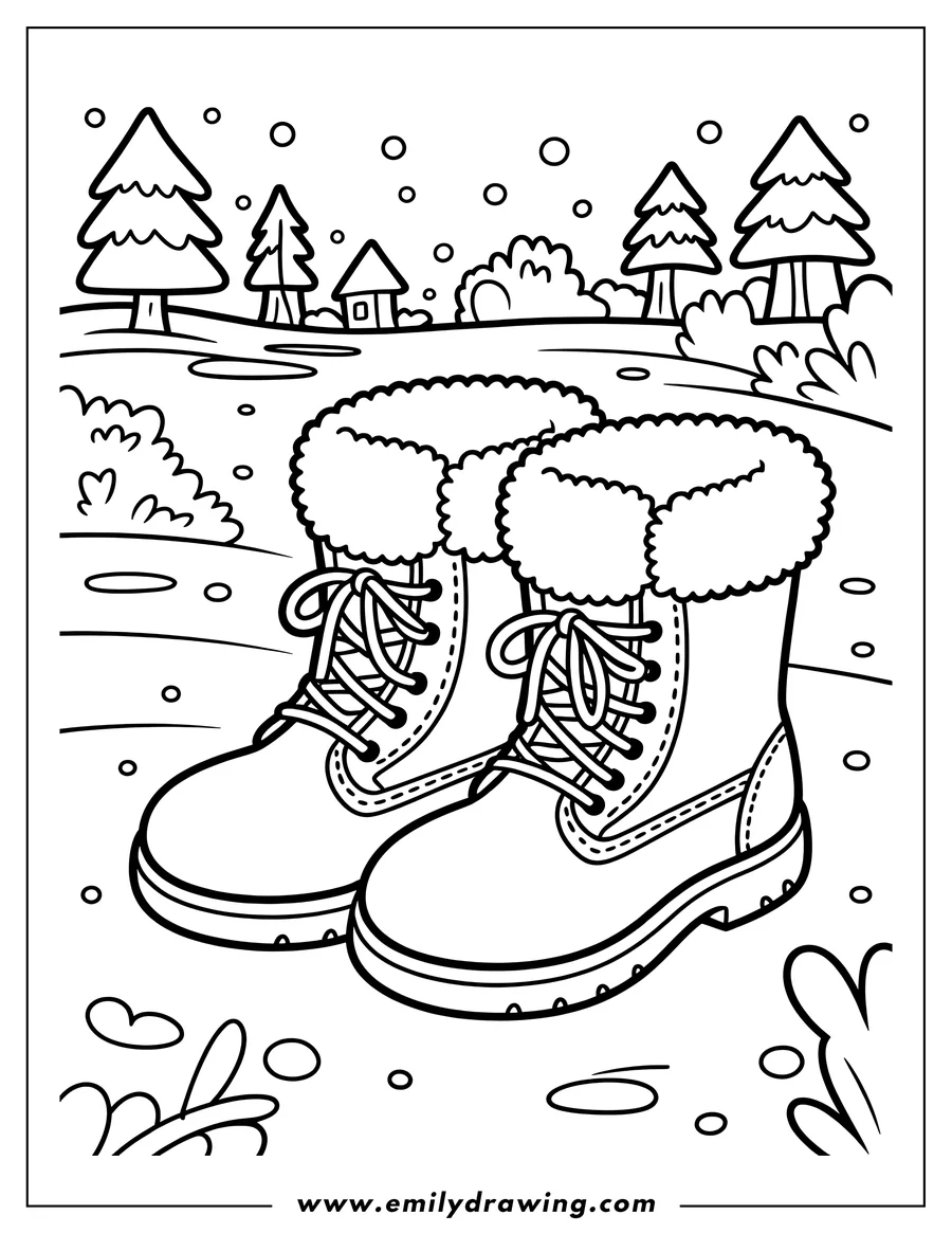 Line art of a pair of winter boots with faux fur tops and laces, standing in a snowy landscape with pine trees and a small house in the background.