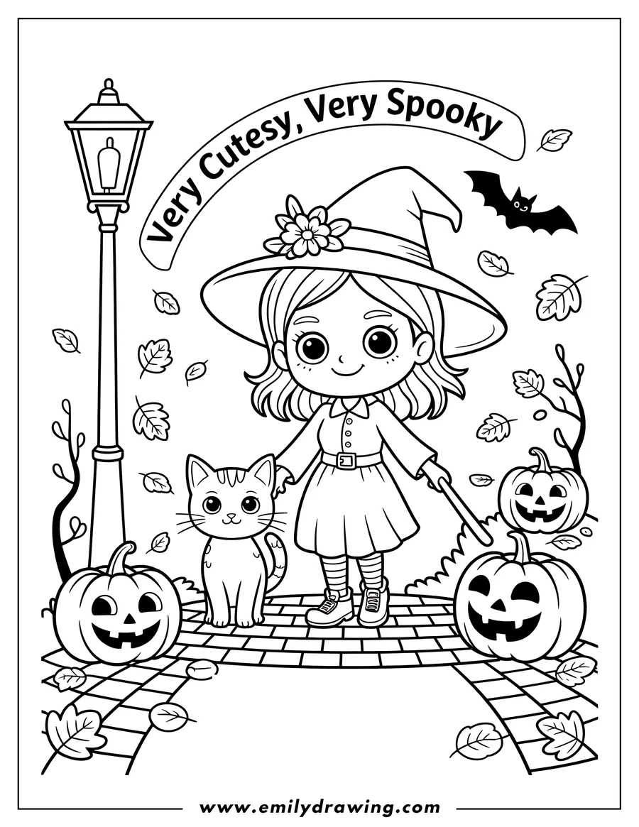 Line art of a chibi-style witch holding a magic wand and standing with her cat companion on a cobblestone path. The scene is decorated with falling autumn leaves, a street lamp, and three carved jack-o'-lanterns.