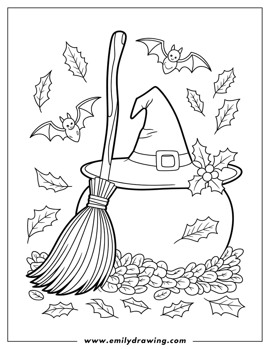 Outline of a large witch cauldron with a pointy hat and broom, surrounded by flying bats and falling holly leaves.