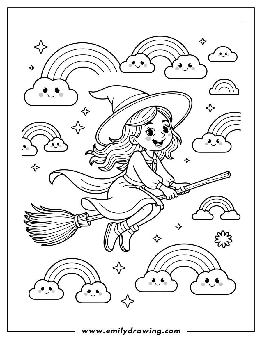 Outline of a smiling cartoon witch flying high on a broomstick. The sky surrounding her is filled with rainbows, happy faced clouds, and tiny stars.