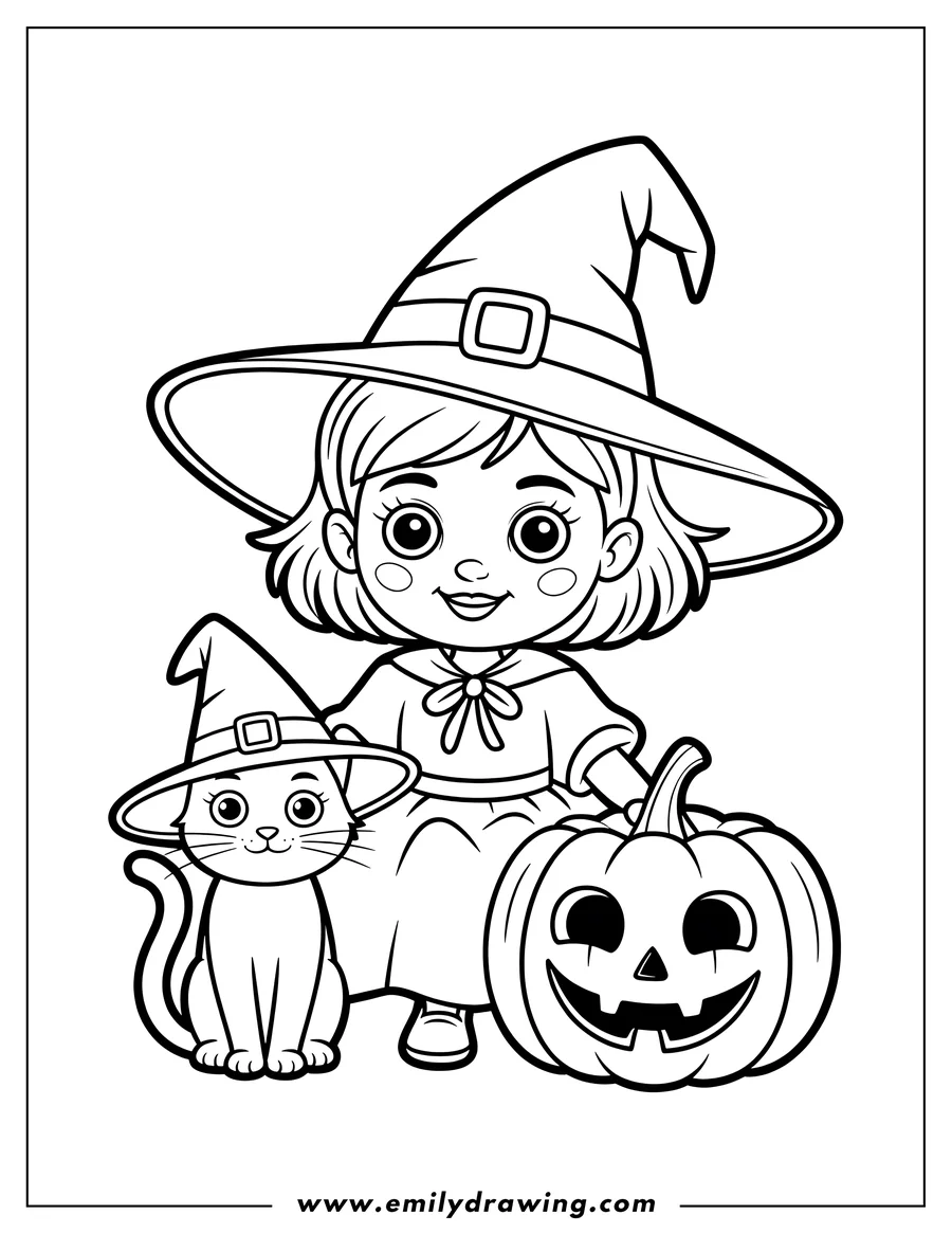 Line art of a cartoon girl dressed as a witch, standing next to her cat, who is also wearing a mini witch hat. They are posing with a carved jack-o'-lantern.