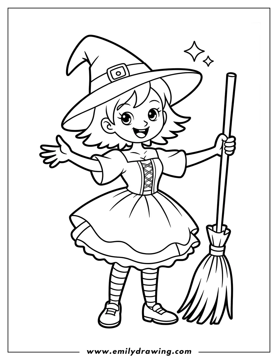 Outline of a cartoon girl dressed as a cute witch, wearing a pointed hat and a laced dress, happily holding a broom.