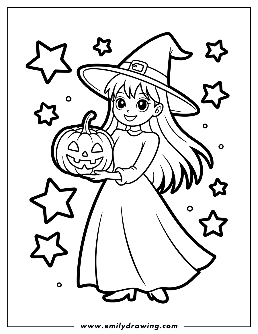 Line art of a cute cartoon witch in a long dress and pointed hat, holding a carved Halloween jack-o'-lantern, surrounded by floating stars.