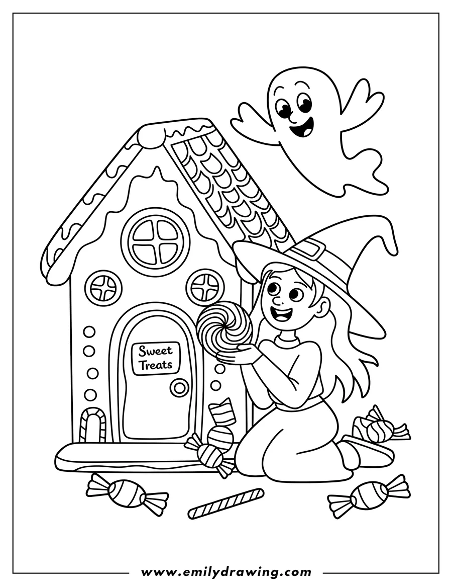 Outline of a smiling girl dressed as a witch, kneeling and holding a large swirl lollipop in front of a candy gingerbread house. A small, cheerful ghost is floating above the roof.