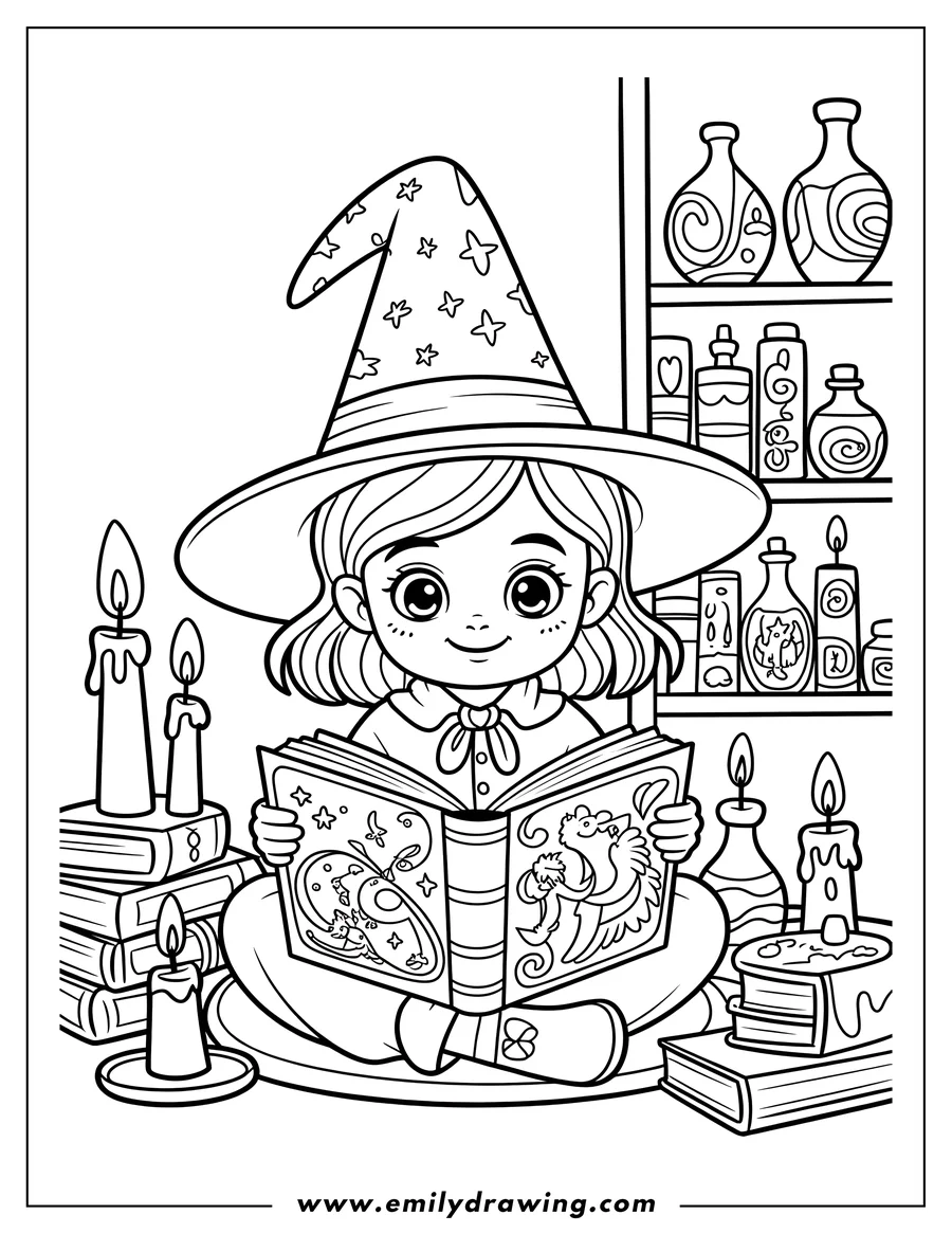 Outline of a young witch sitting and reading a large open spellbook, surrounded by lit candles, stacked books, and shelves filled with potion bottles.