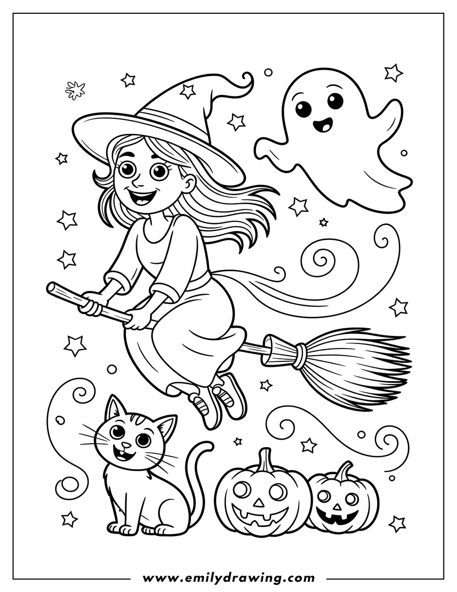 Line art of a cheerful witch flying on a broomstick alongside a smiling ghost. Below them, a happy cat sits next to two carved jack-o'-lanterns.