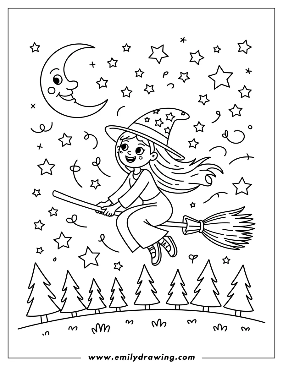 Outline of a smiling girl dressed as a witch, flying through the night sky on a broomstick, surrounded by a crescent moon and many stars above a line of pine trees.