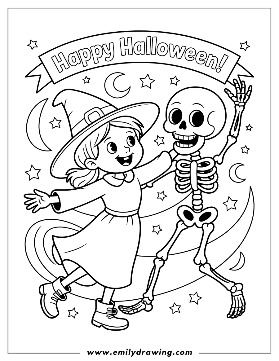 Line art featuring a cheerful girl dressed as a witch dancing with a smiling skeleton. They are under a banner reading