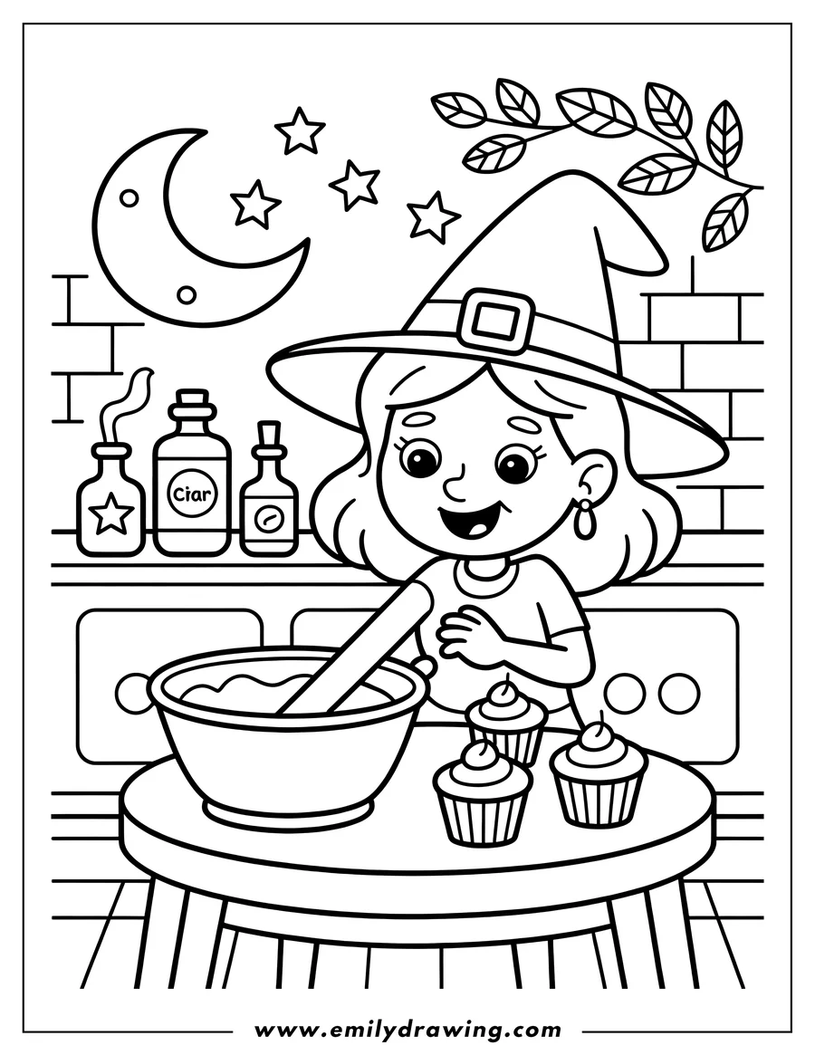 Line art depicting a smiling young witch in a pointed hat stirring a large cauldron or bowl on a table next to three finished cupcakes. The background shows potion bottles, a crescent moon, and stars.